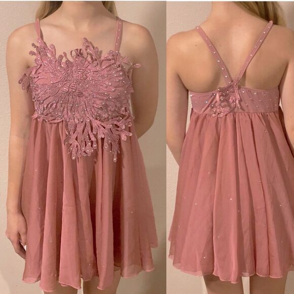 Glamour solo dance costume pink mauve lyrical rhinestone chiffon dress MC child - Picture 1 of 9